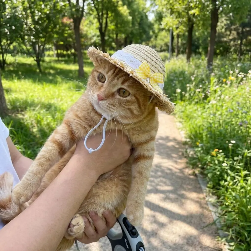 Breathable Pet Lace Bow Hat Adjustable Chin Strap Hand Knitting Cat Straw Hat Sun Protection Sun Protection Hat Party Decoration