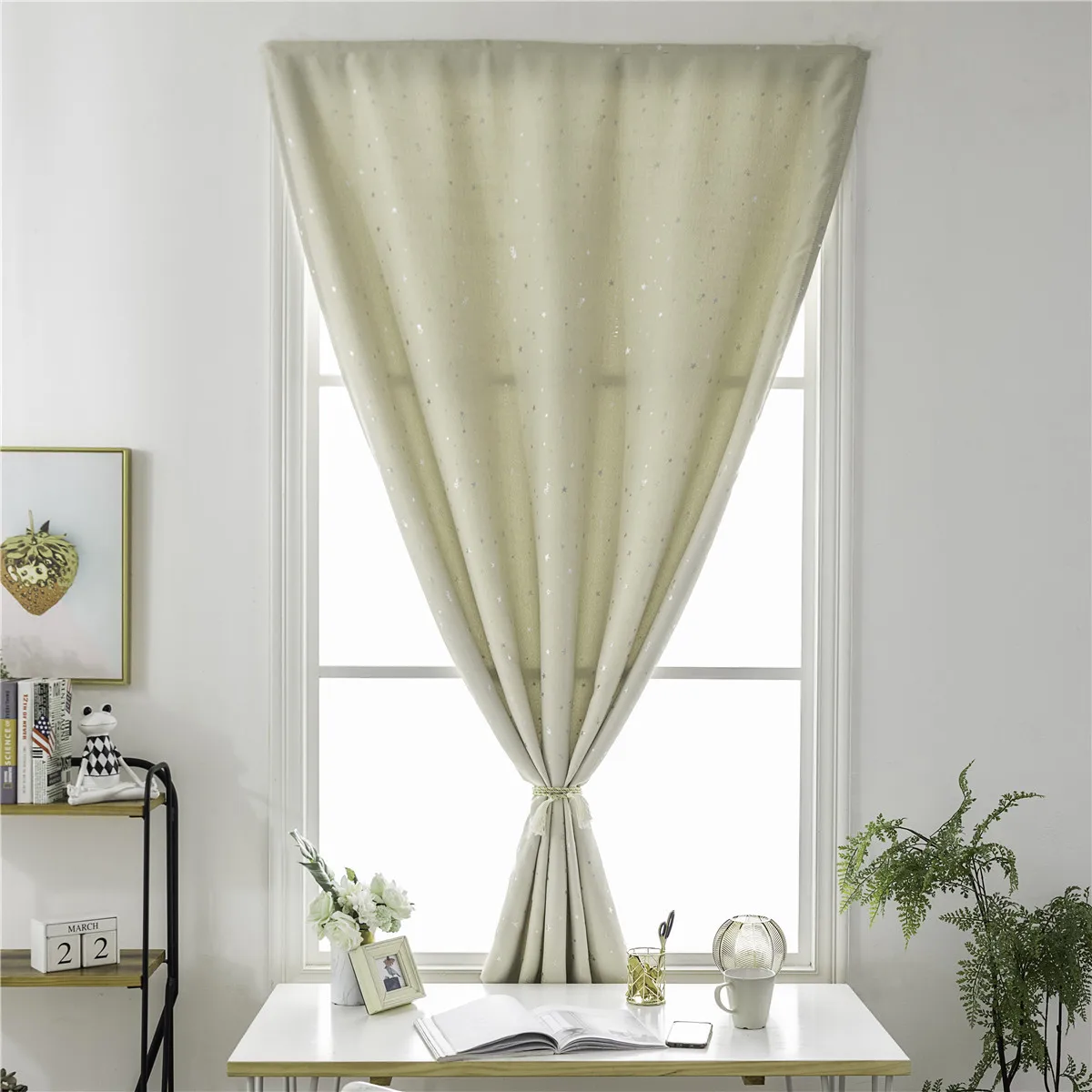 

1 pc Modern Blackout Curtains 90X150Cm Beige No Punch Silver Star Decor Thickened Window Drape For Bedroom Kids Room Home