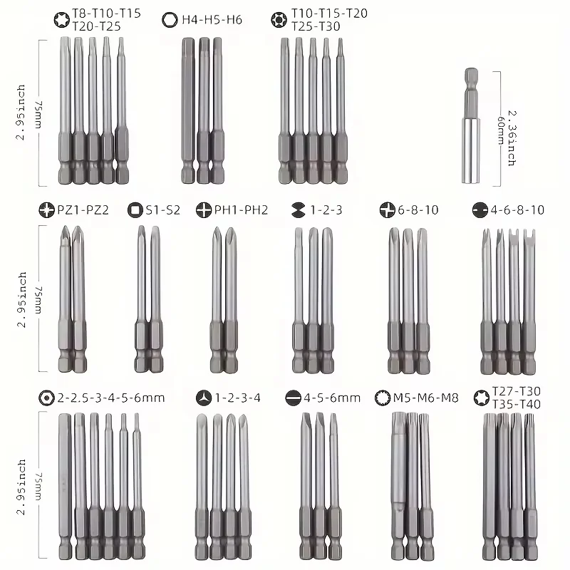 50pcs 75mm Security Screwdriver Bits Extra Long Reach Bit Set Torx Star Hex Bit for Precision Repairs and Maintenance