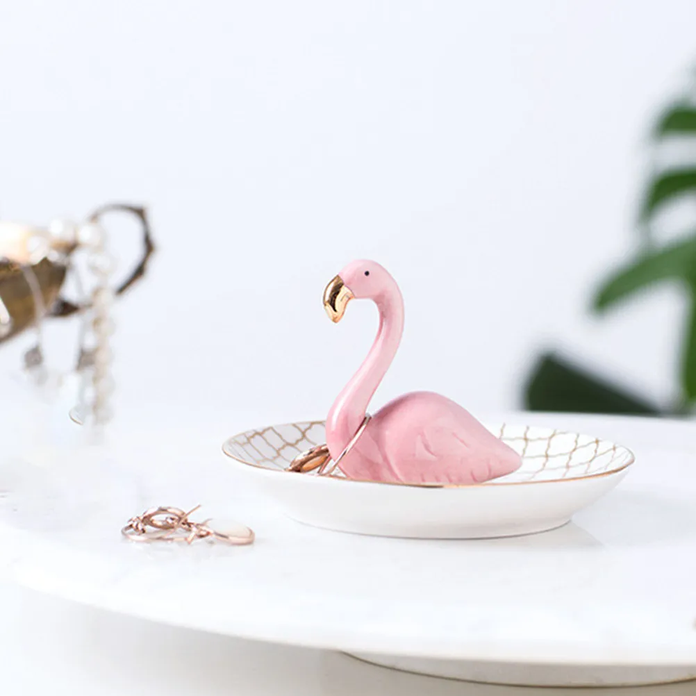 1Pcs Flamingo Jewelry Storage Plate Premium Ceramic Trinket Dish Elegant Ring Earring Organizer Dresser Decor Gift for