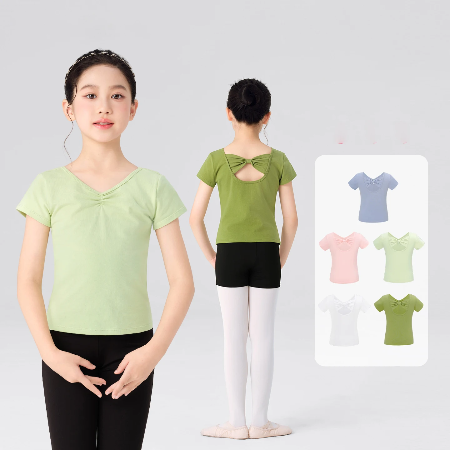 

Детские дышащие хлопковые топы с короткими рукавами для танцев, вязаные рубашки с плиссировкой спереди и бантом сзади, повседневные костюмы, универсальная одежда