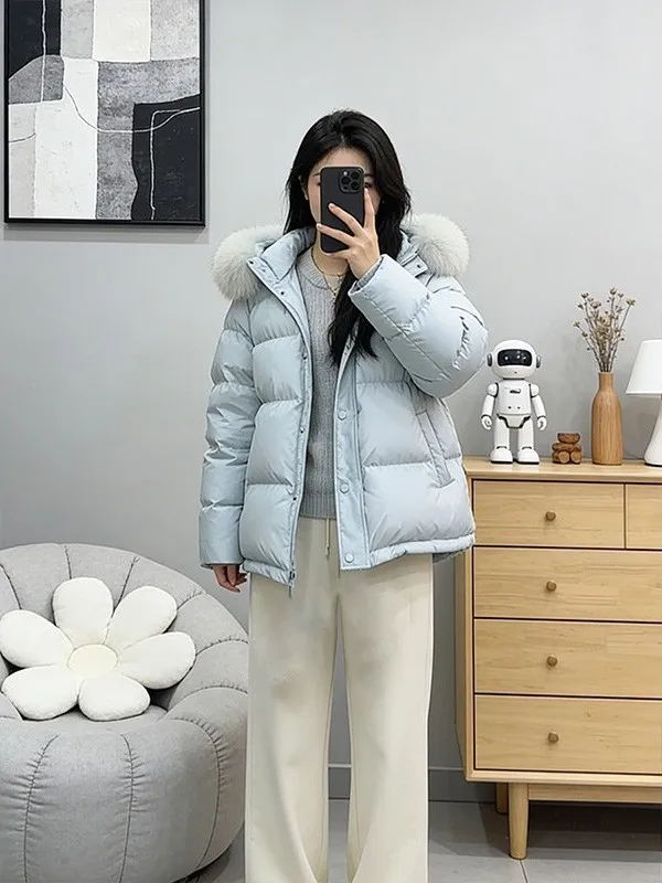 

Light Blue Loose Warm Hooded Cotton Jacket Women's Thickened Long Sleeve High-End Feeling Down-Alternative Coat for Winter