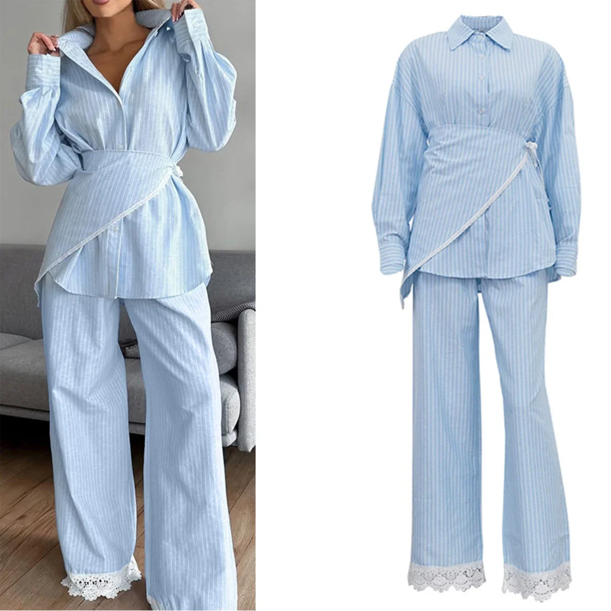 

Fashion Loose Blue Striped Three Piece Set for Women Elegant Long Sleeve Shirt+Corset With High Waist Wide Pants Set