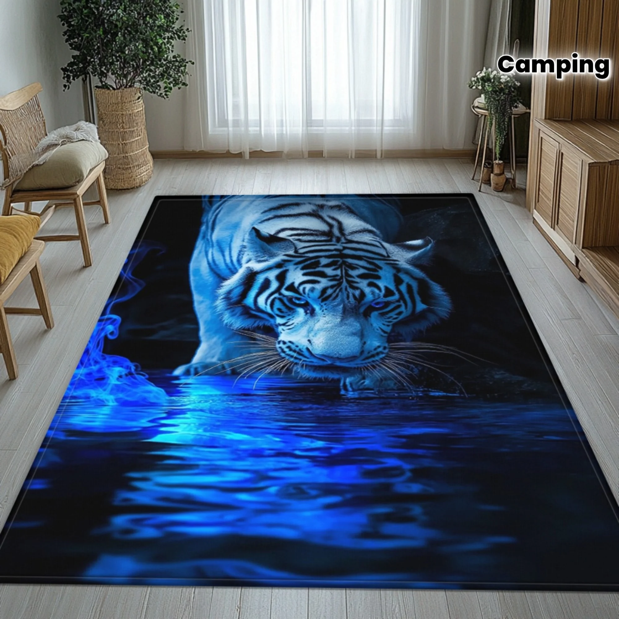 2D Flat Blue Tiger Drinking Water Smoke Effect Flannel Area Rug Non Slip Wildlife Art Carpet For Living Room Floor