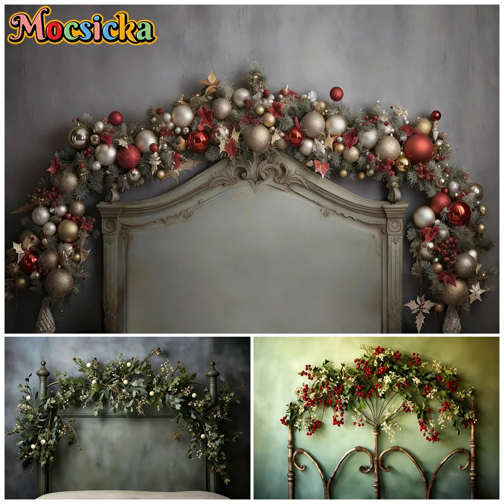 Mocsicka Christmas Photo Backdrop Retro Carved Bed Head Luxury Xmas Grey Texture Wall Background Children Holiday Portrait Shoot