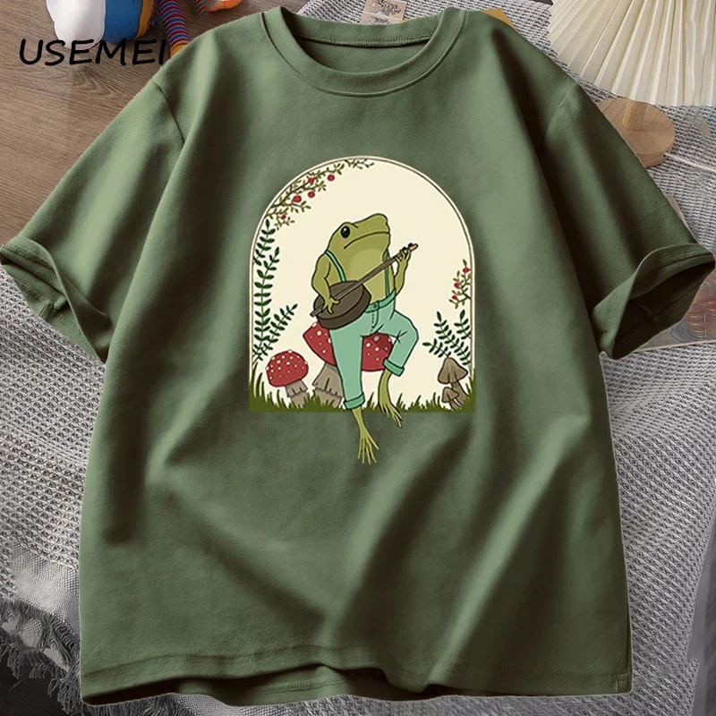 Cute Cottagecore T-shirts Aesthetic Frog Playing Banjo on Mushroom T Shirt Men Summer Cotton Short Sleeve Tee Shirt Mens Clothes