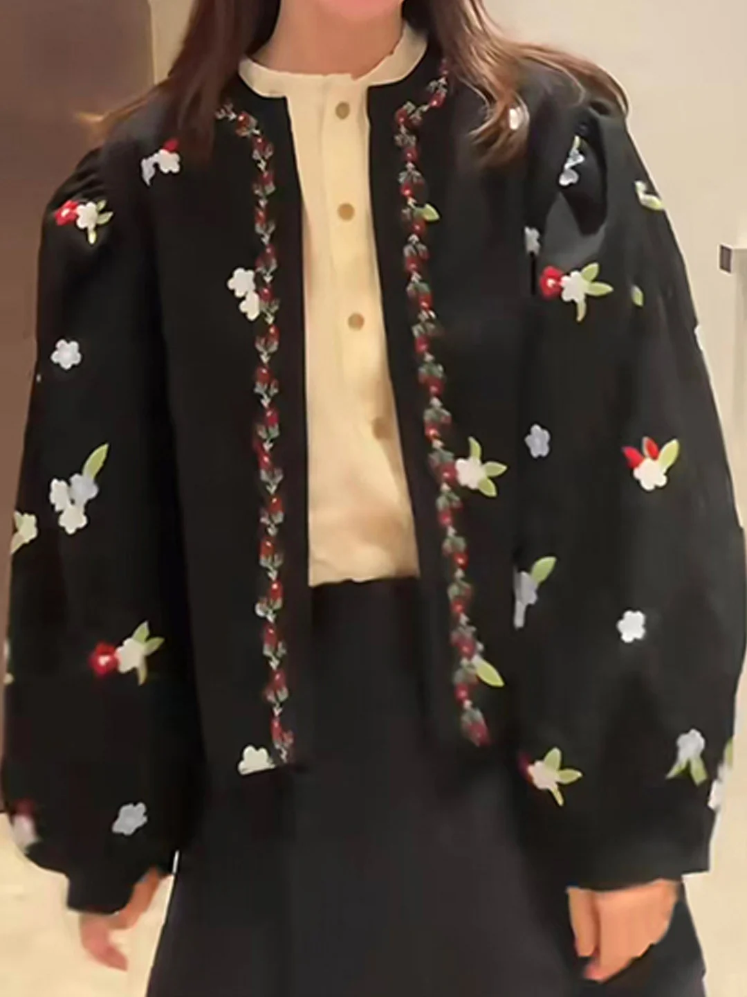 

Velvet Jaet with Embroidered Florals Lantern Sves round Ne ort Sle for Women Romantic Color Blo Design