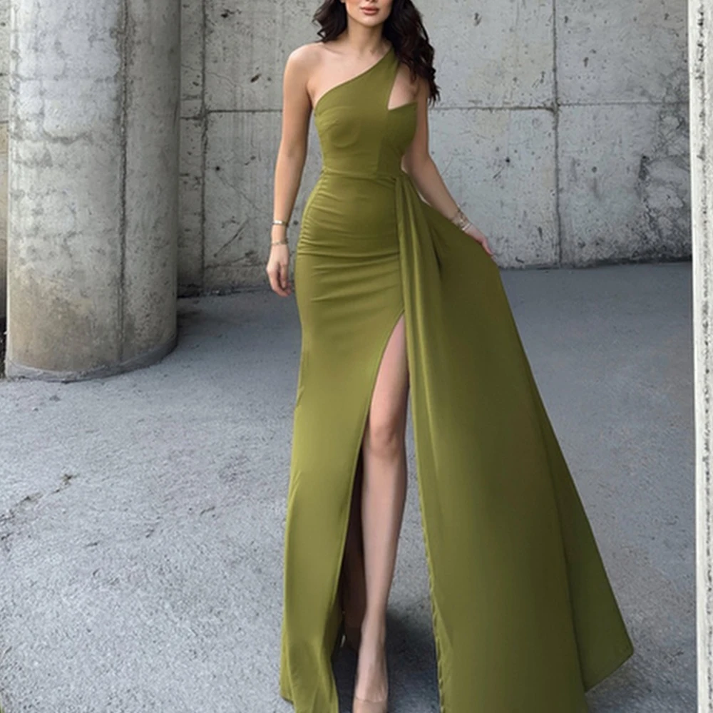 

Classic Celebrity Dress Floor Length Pleats One Shoulder Straight Jersey Sleeveless Panel Train Solid Color Quinceanera Gowns