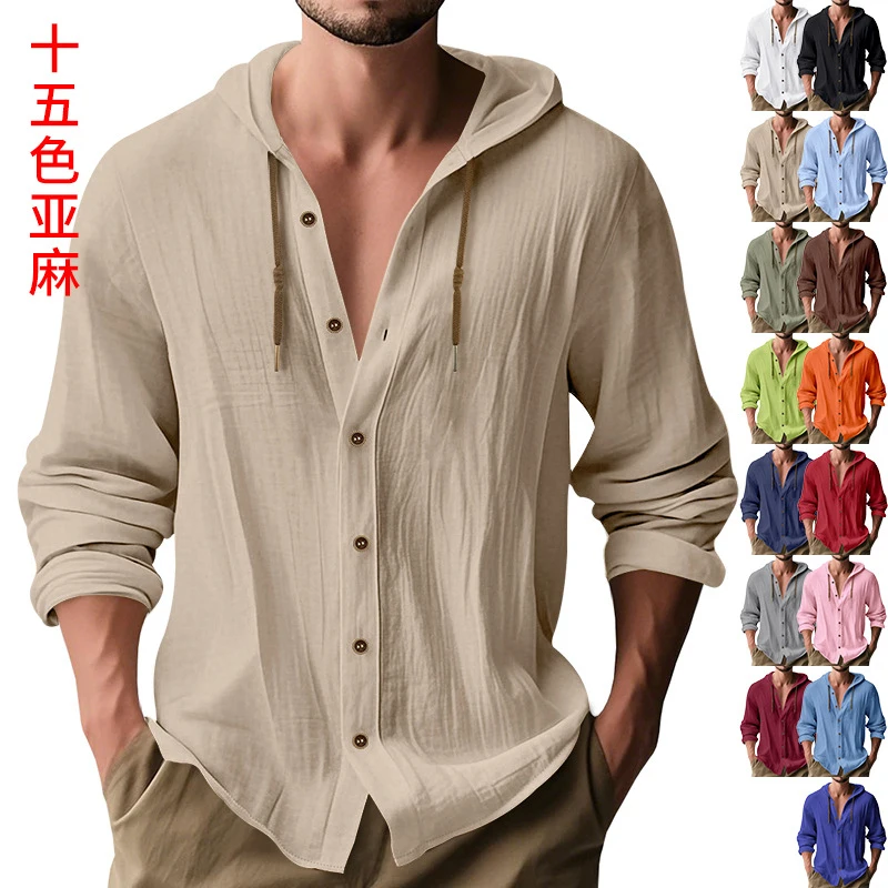 Men's Cotton Linen Hooded Cardigan, Solid Long Sleeve Shirt, Drawstring Loose Casual Beach Top