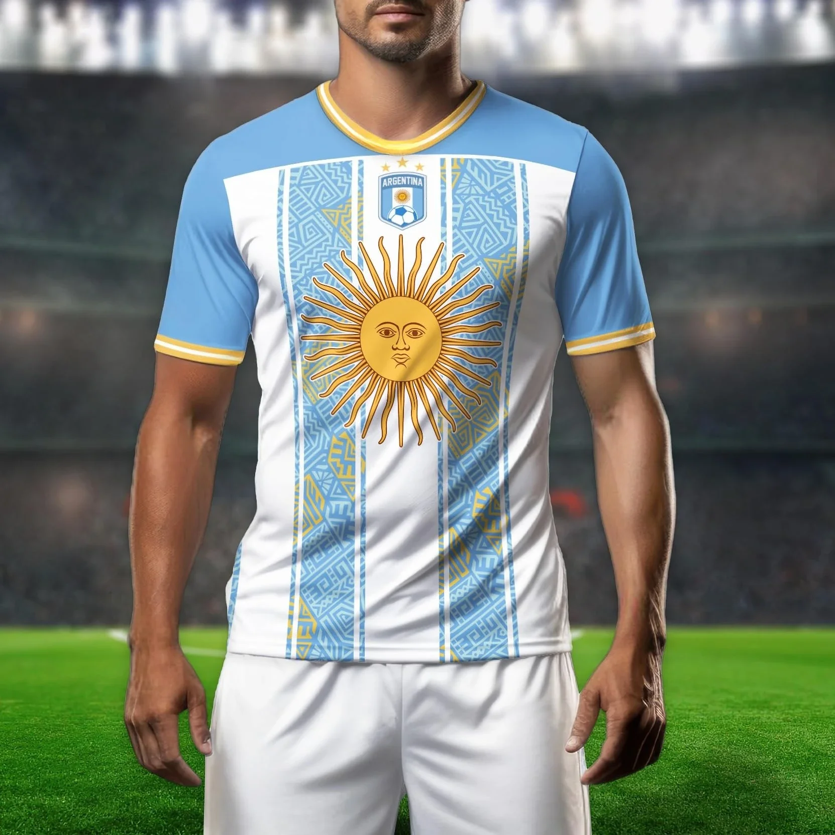 

Special Edition Soccer Jersey - Light Blue & White with Sun of May & Geometric Patterns Fan Shirt Parent-child Outfit