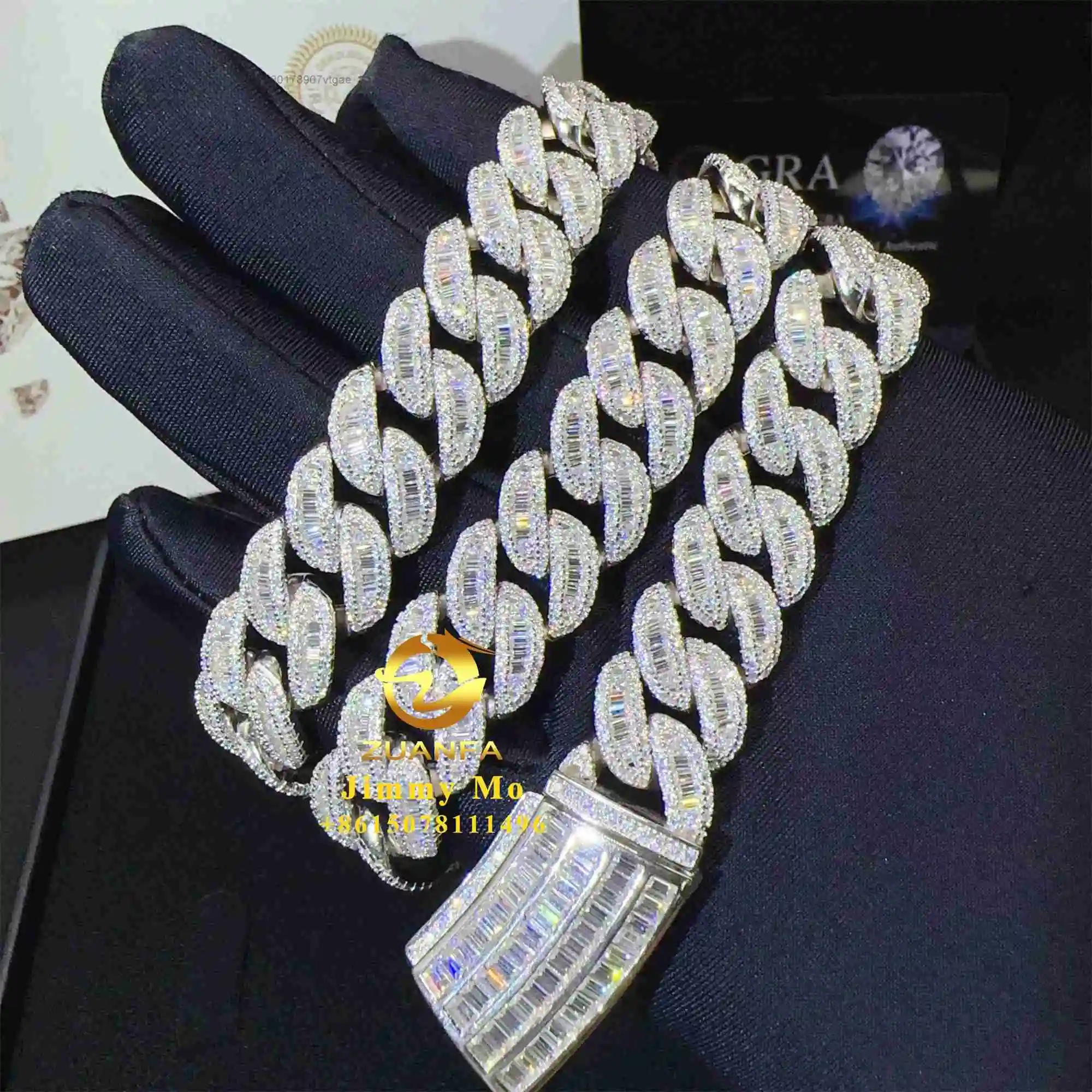 New Luxury Arrivals Unique Design 925 Solid Silver 14mm Iced Out Hip Hop VVS1 Baguette Moissanite Diamond Cuban Link Chain.