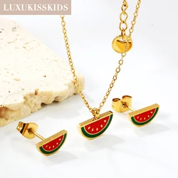 LUXUKISSKIDS Cute Watermelon Earrings Set with Necklace for Woman/Girls Surgical Steel Red Acrylic Fashion Jewelry Sets 2025 New