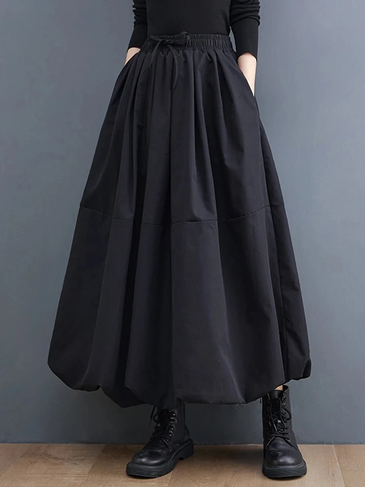 

Черная винтажная пышная женская юбка с высокой талией, модные свободные длинные юбки больших размеров на шнурке, весна-осень 2021, ZT629