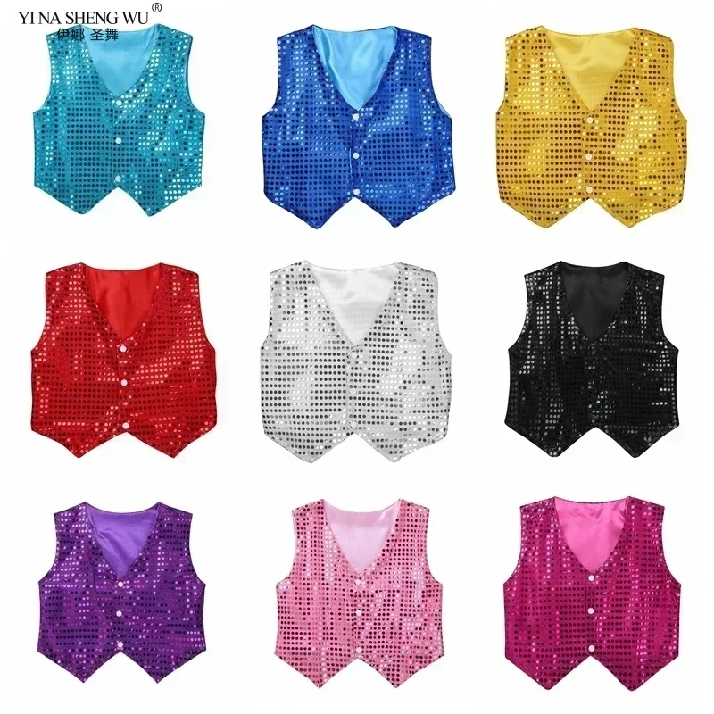 Gilet à paillettes brillantes pour enfants garçons, Costume de danse Jazz Hip Hop, à la mode, Costume de spectacle sur scène de danse latine, gilet de fête de noël