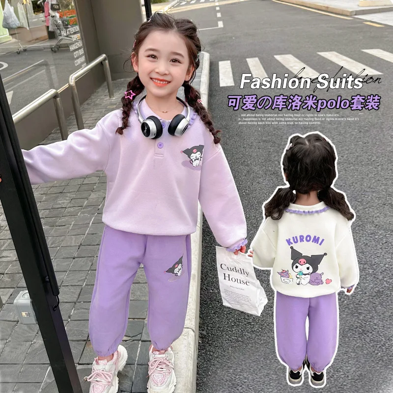 

Kuromi Kawaii Sanrio Anime Hooded Pants Set 2024 Spring Cute Cartoon Children Leisure Net Celebrity Shirt Two-Piece Gifts