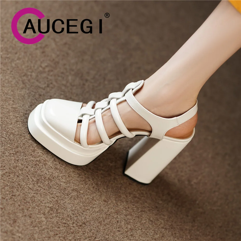 Aucegi Summer Women Fashion Platform Square Toe Gladiator Sandals Chunky High Heel High Quality Buckle Strap Dress Party Shoes