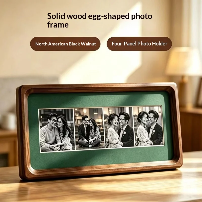 Black Walnut Wood Tenon Photo Frame, 4 Openings Collage Picture Frame, Retro Long Tabletop Display Frame Home Decor