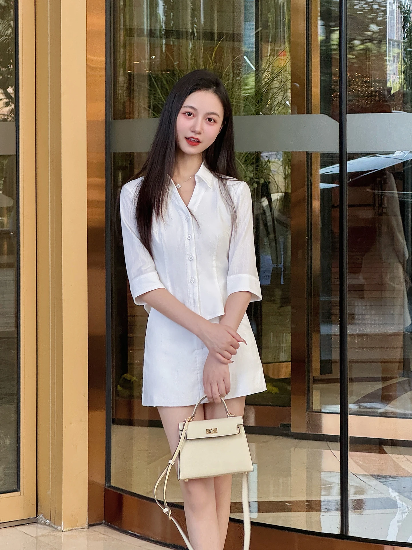 

Simple Commuter Korean Sle irt And f Skirt Set for Women mid Sve V Ne Button Closure Faionable Versatile Outfit