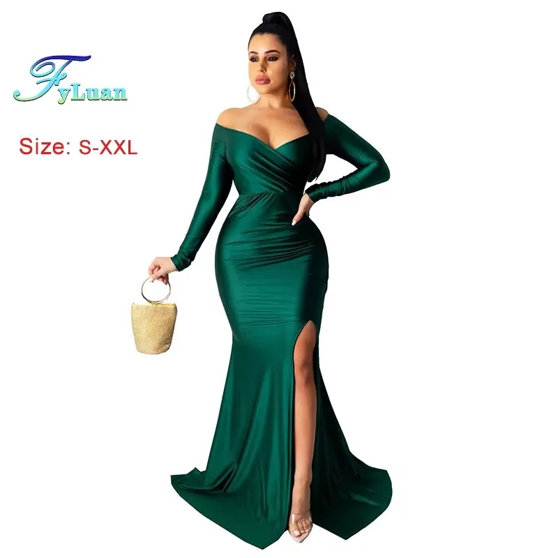 แฟชั่นผู้หญิงสไตล์ใหม่ชุดสีทึบปิดไหล่ลึก V คอหญิงความยาวชุดเซ็กซี่ด้านข้างแยกชุดราตรี