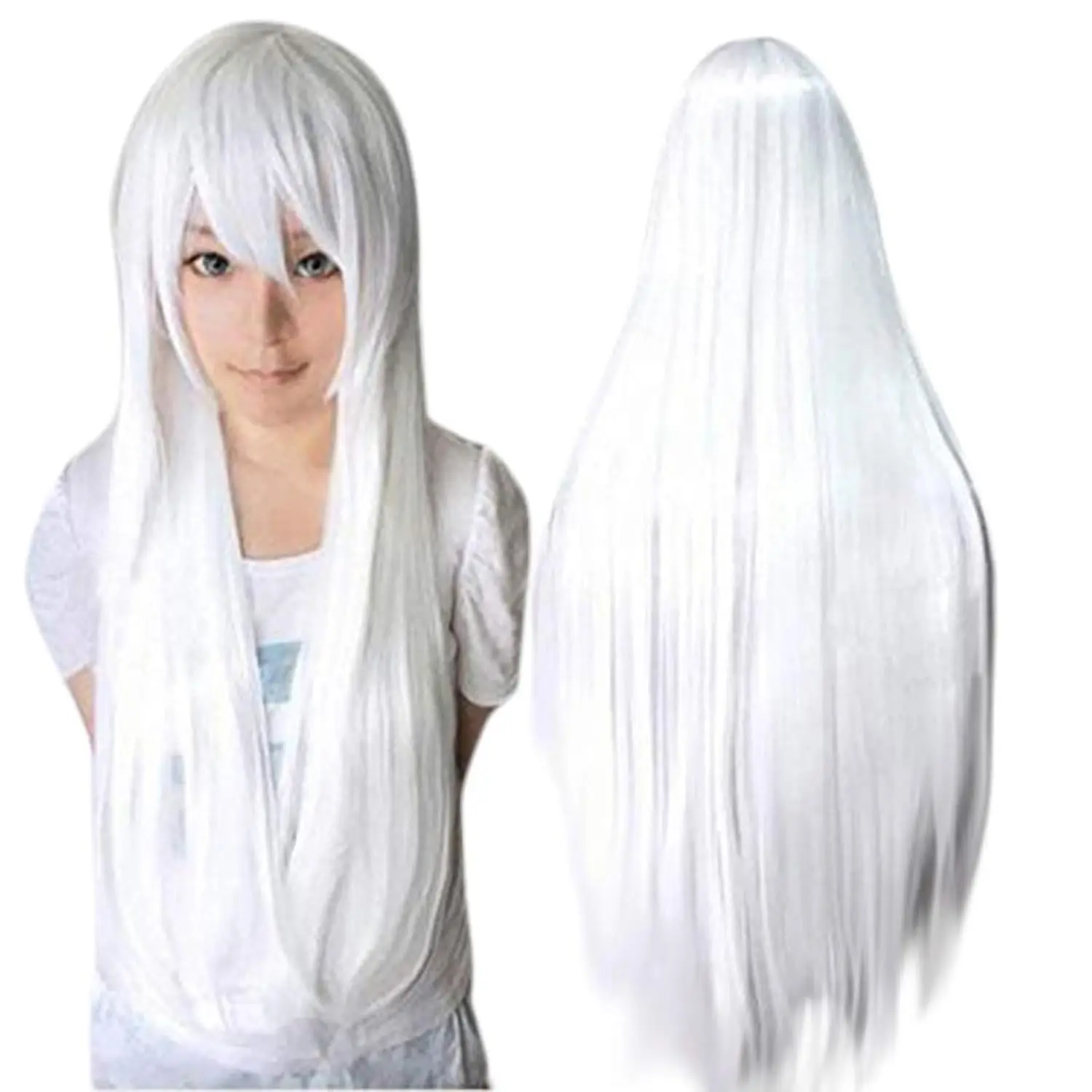 Long White Wig with Bangs Straight Cosplay Wig for Women Girl Anime Wig Synthetic Party Wig Straight White