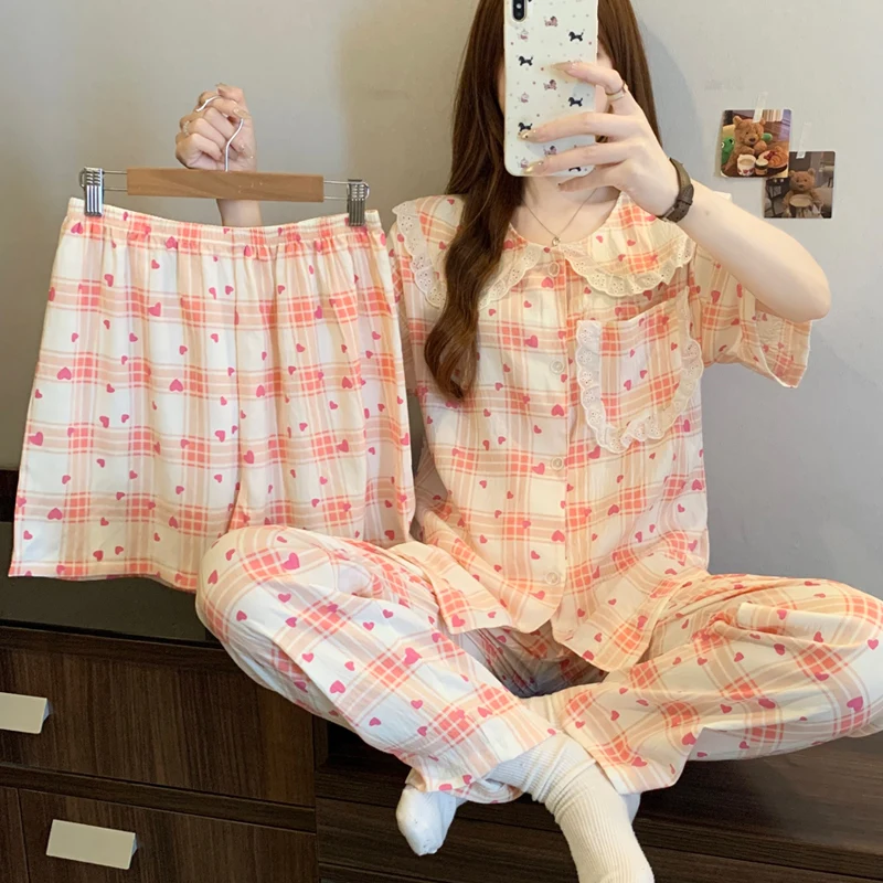 

Корейский пижамный комплект Kawaii с клетчатым принтом Love для женщин Y2K, милые женские пижамы с лацканами и воротником, 2024, летняя повседневная ночная рубашка, милая