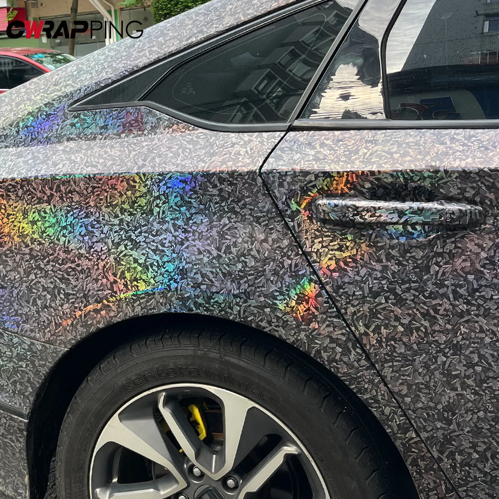 145cmx300cm Forged Carbon Body Covering PET Vinyl Film Silver Car Wrap Film Laser Waterproof Paint Rainbow Self-Adhesive Sticker
