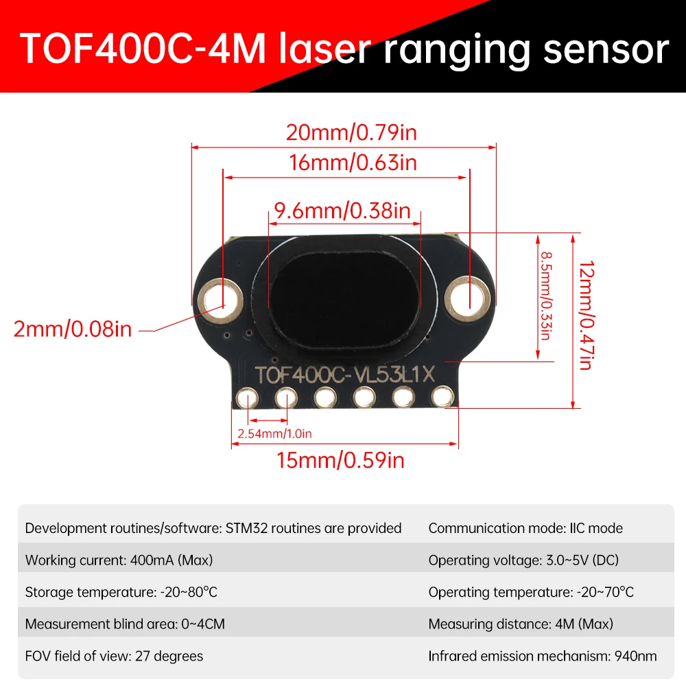 TOF050C 400C Laser Ranging Sensor Module VL6180X VL53L1X Time of Flight TOF400C 50CM/4M IIC For Arduino STM32