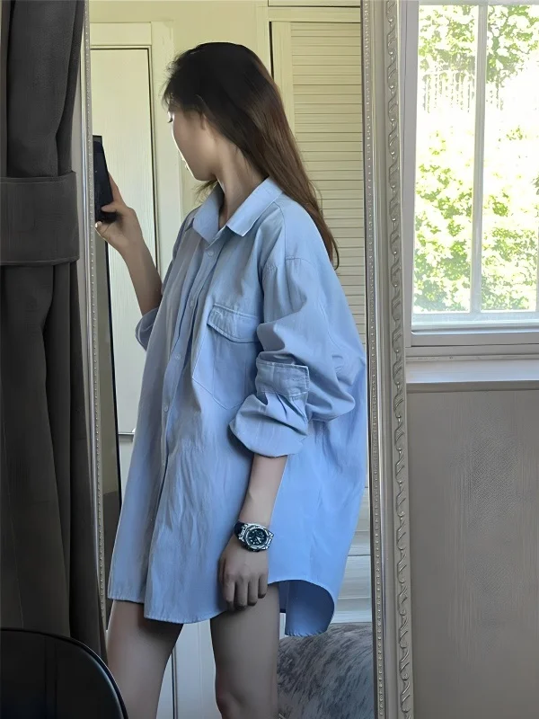 Niebieska Luźna Damska Koszula irt 2025 Nowa Modna Bluzka Chroniąca Przed Słońcem na Jesień, Codzienna, Długi Rękaw, Klasyczny Krój