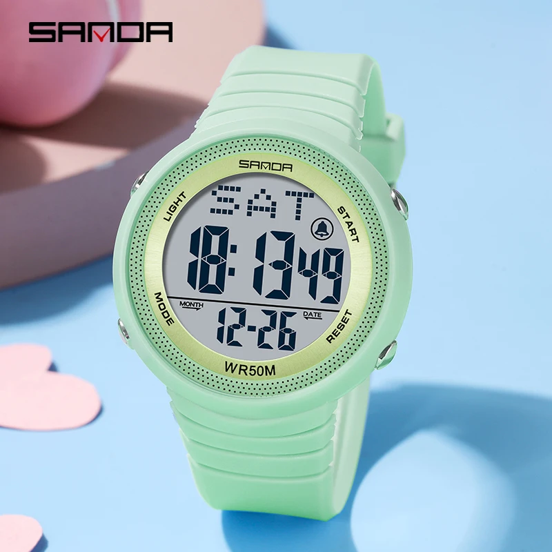 

SANDA Fashion Casual Green Silicone Multifunctional Electronic Watches Luxury Brand Women Watch Luminous 50M Waterproof Clock