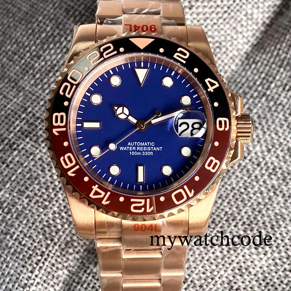 

40mm Rose Gold Coated Luxury NH35A Automatic Men's Wristwatch Blue Dial Auto Date Sapphire Crystal Bracelet