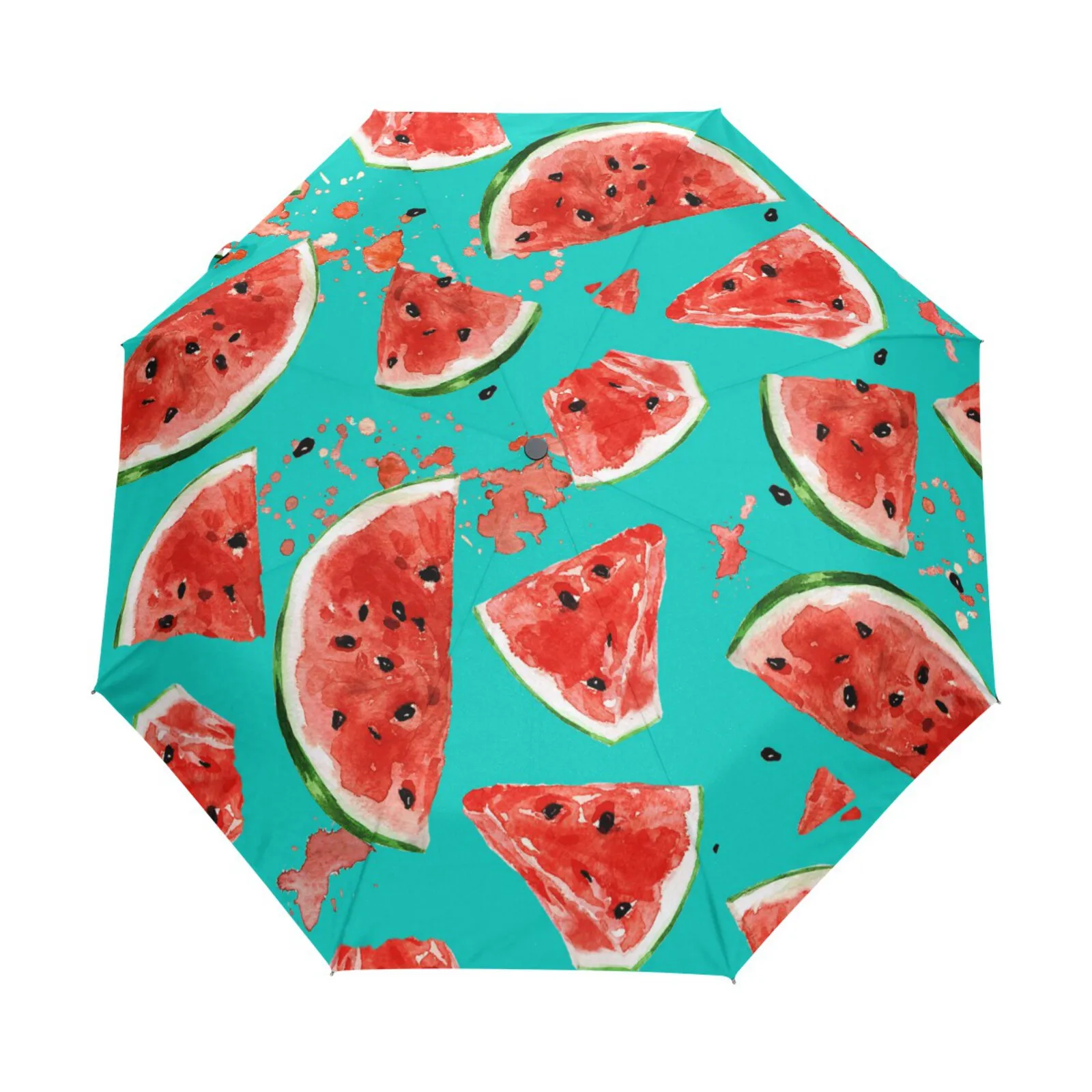 

Juicy Watermelon Watercolor Women's Rain Umbrella Anti-UV Automatic Three Folding Umbrella Parasol Inside Black Coating 8 Ribs