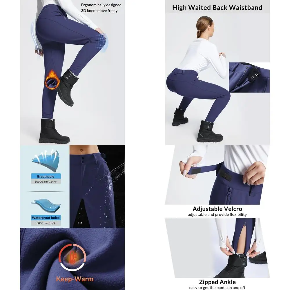 Baleaf Pantalones de esquí para nieve con forro polar para mujer, impermeables, a prueba de viento, Softshell, aislados, pantalones térmicos delgados, pierna inferior con cremallera