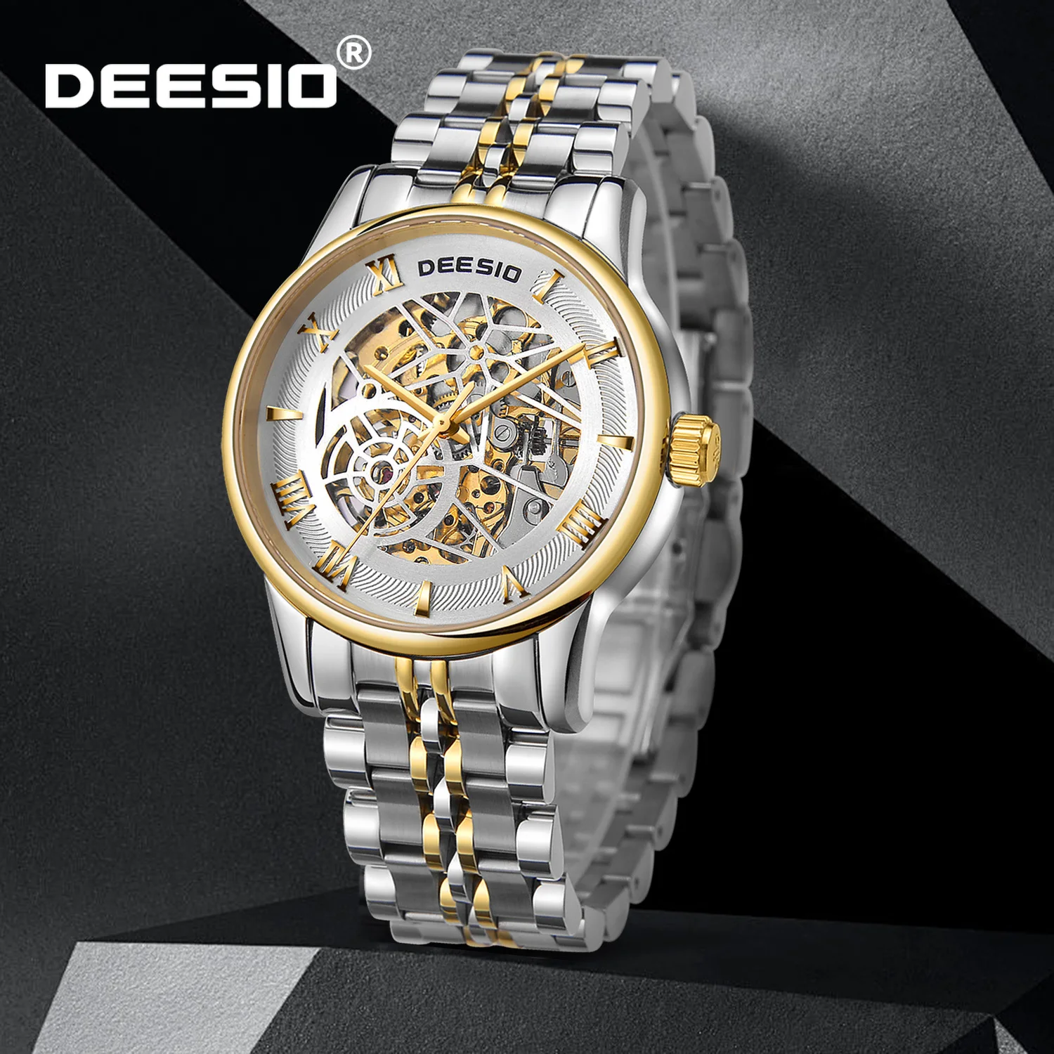 Deesio Mens Automatic Movement Skeleton Watch Luxury Business Stainless Steel Mechanical Wristwatch Water Resistant Watch Y2k