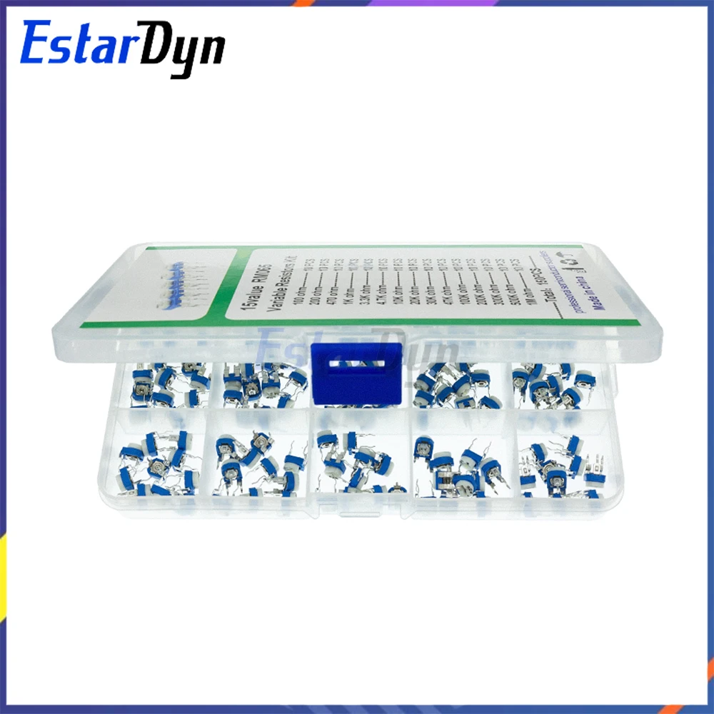 RM065 Комплект потенциометра обрезки 150 шт. 15 значений Ассортимент переменных резисторов с коробкой для ремонта электроники своими руками