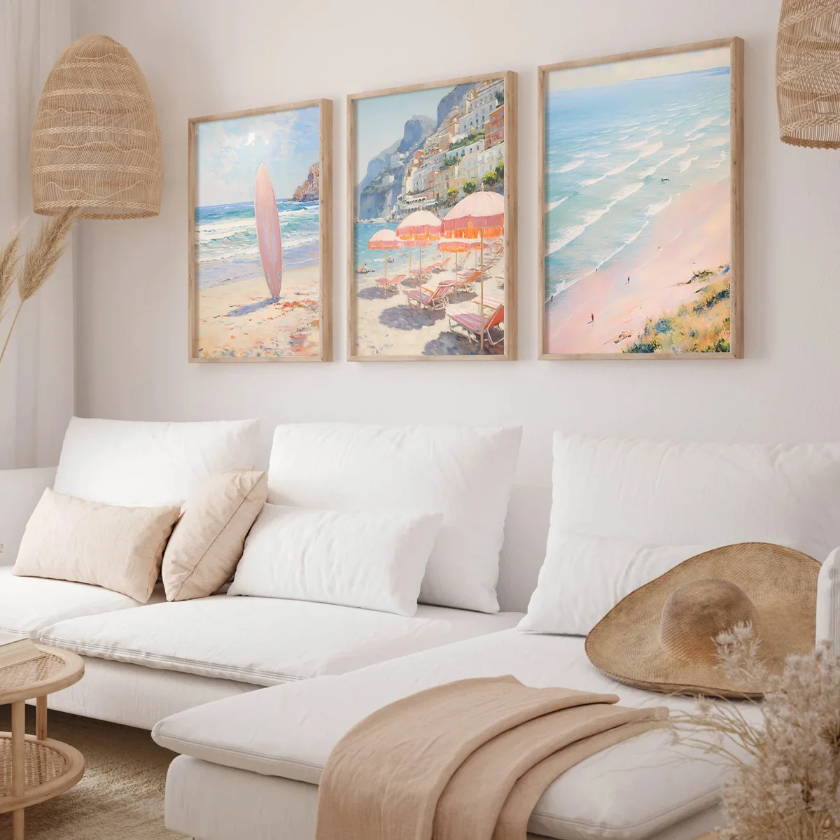 Set of 3 Pink Surfboard Beach Painting Coastal Seascape Wall Art, Amalfi Coast Italy Scenery Painting, retro Aesthetic Canvas Poster, Girl Apartment Home Decor, Ideal Gift for Bedroom Living Room Hallway, Wall Art, Wall Decor, Room Decor, No Frame