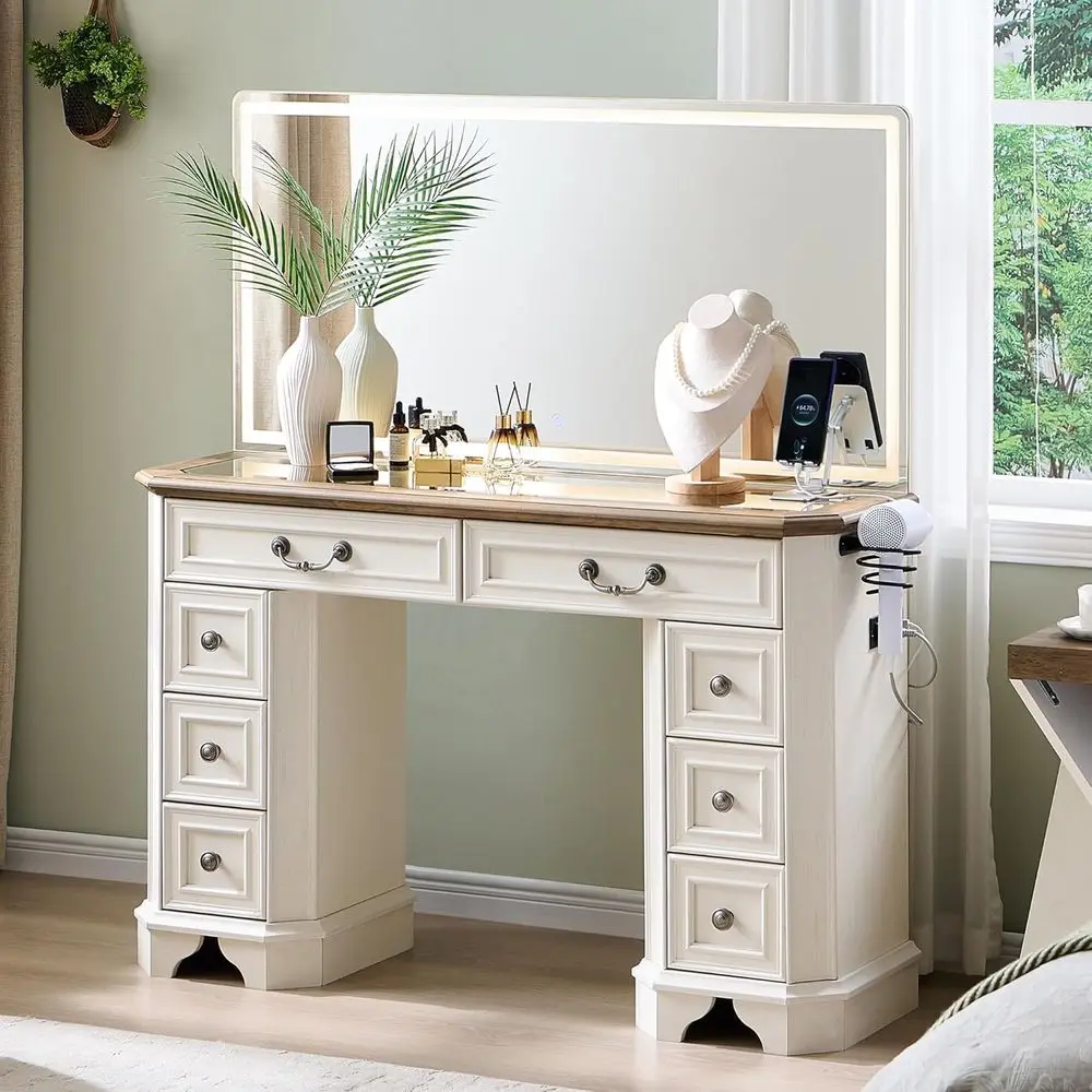 

48 LED Lighted Makeup Vanity Desk with 8 Drawers, 3 Color Options, Glass Top and Power Outlet (Antique White)