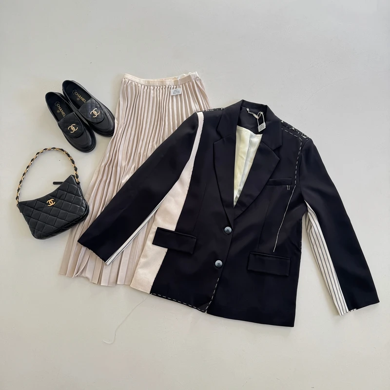 Special Offer Slimming Heavy Work Lace Linen Stripe Patchwork Black Suit Jacket Long Sleeve Women's Fashion Spring Season