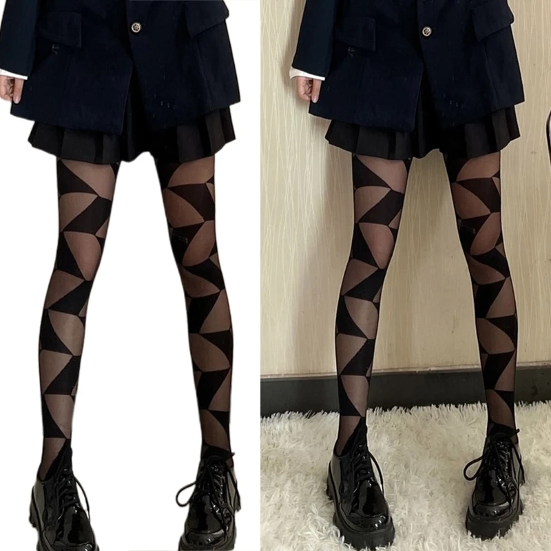 Women Harajuku Sexy Thin Transparent Pantyhose Irregular Geometric  Rhombus Pattern Sheer Tights Bottoming Stockings