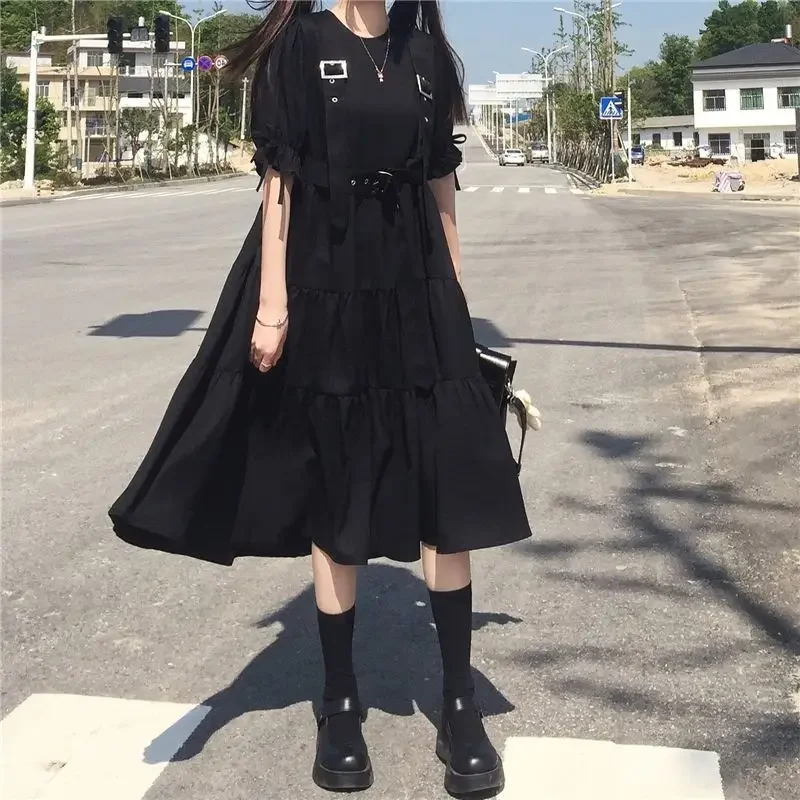 Gothic Style Dress Women Mall Goth Harajuku Emo Kawaii Dress Gothic Punk Japanese Cute Long Sleeve Black Midi Dress 400g