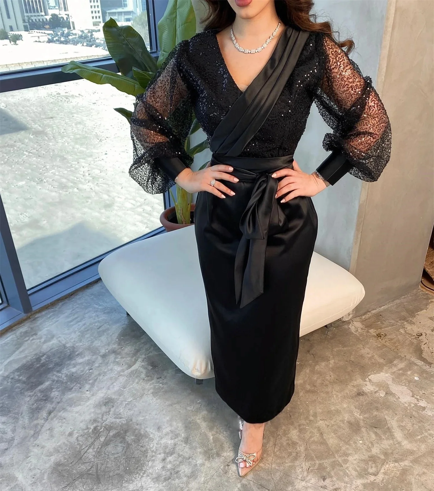 

Black Long Sleeves Bespoke Occasion Gown Evening Dresses Pastrol Unisex Jersey Retro Dubai Saudi Arabic Israel Prom Customized