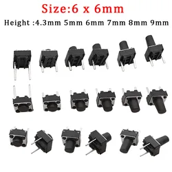 20/50Pcs Black 6 x 6mm Micro Tactile Switch Momentary Tact Switch 6*6*4.3mm/5mm/6mm/7mm/8mm/9mm Middle 2Pin Push Button Switches