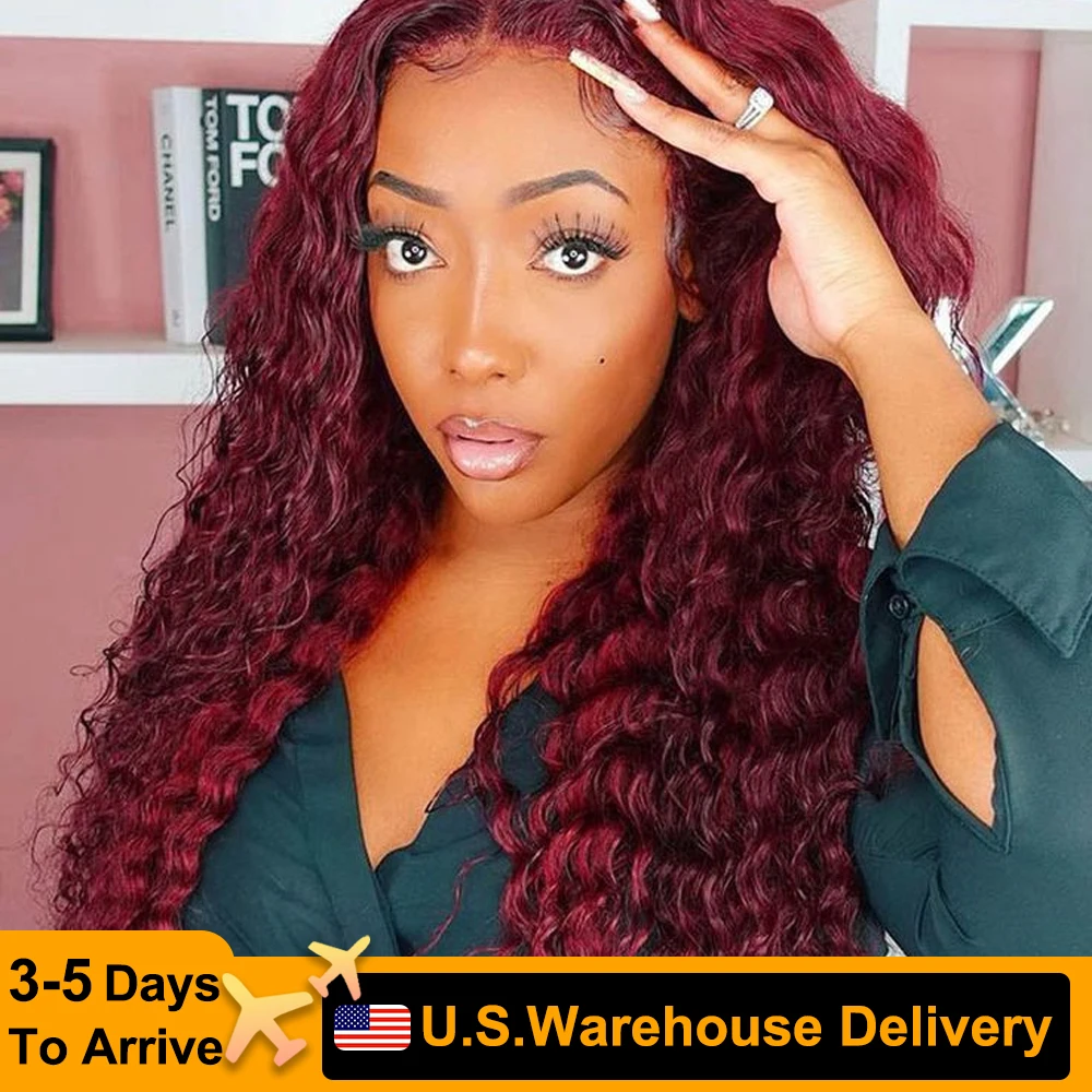 210% Density Deep Wave Lace Front Wigs 99J Burgundy glueless wigs Brazilian Human hair Lace Front Wigs For Fashion Black Women