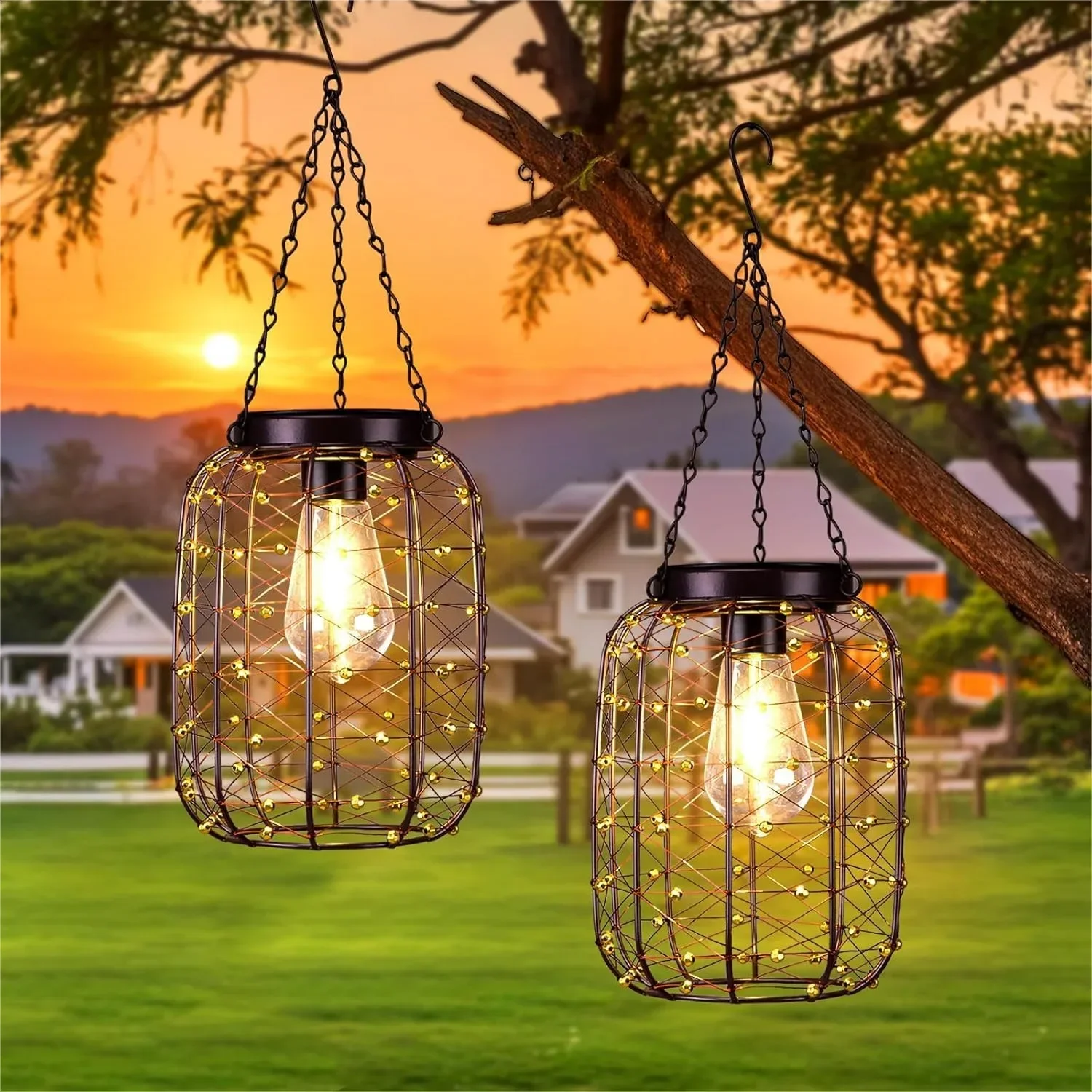 

Hanging Solar Lanterns Outdoor Waterproof, Vintage Copper Lights for Outside, Solar Chandelier for Yard Garden Porch Decor, 2