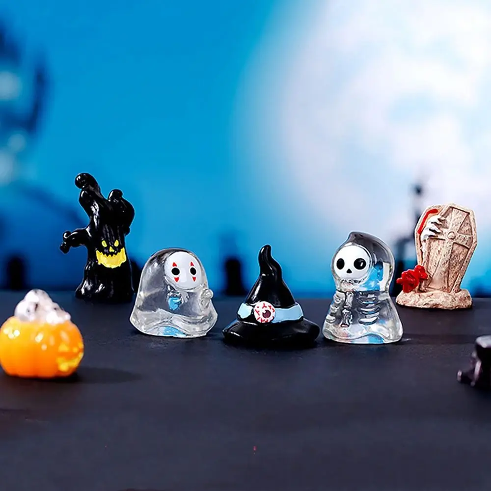 Bola de cristal para ornamentos de mesa, micro paisagem, halloween, fofo, fácil de transportar, mini resina, fantasma sem rosto, abóbora