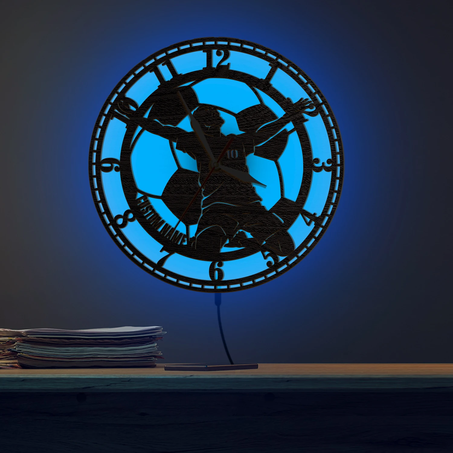 Custom Football Player Name Wooden Wall Clock with LED Backlight Knee Slide Goal Celebration Personalized Night Light Wall Clock