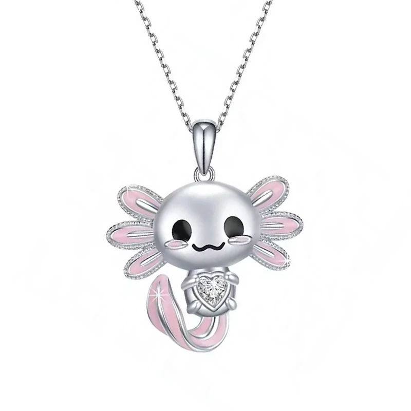 Cute Cartoon Enamel Pink Salamander Pendant Necklace For Girls Crystal Newt Necklaces Animal Jewelry