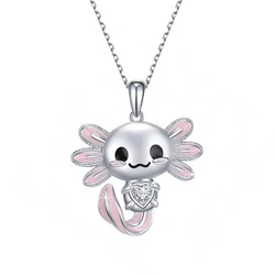 Cute Cartoon Enamel Pink Salamander Pendant Necklace For Girls Crystal Newt Necklaces Animal Jewelry