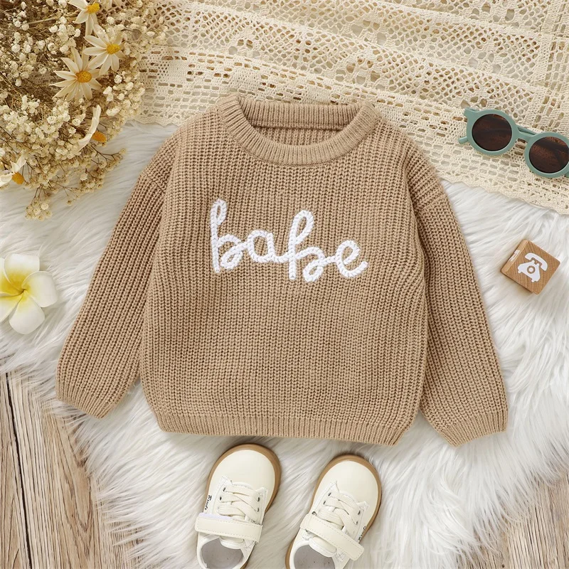 Toddler Baby Girl Boy Sweater Embroidered Crew Neck Knit Shirts Pullover Warm Winter Fall Clothes Knitted Sweaters