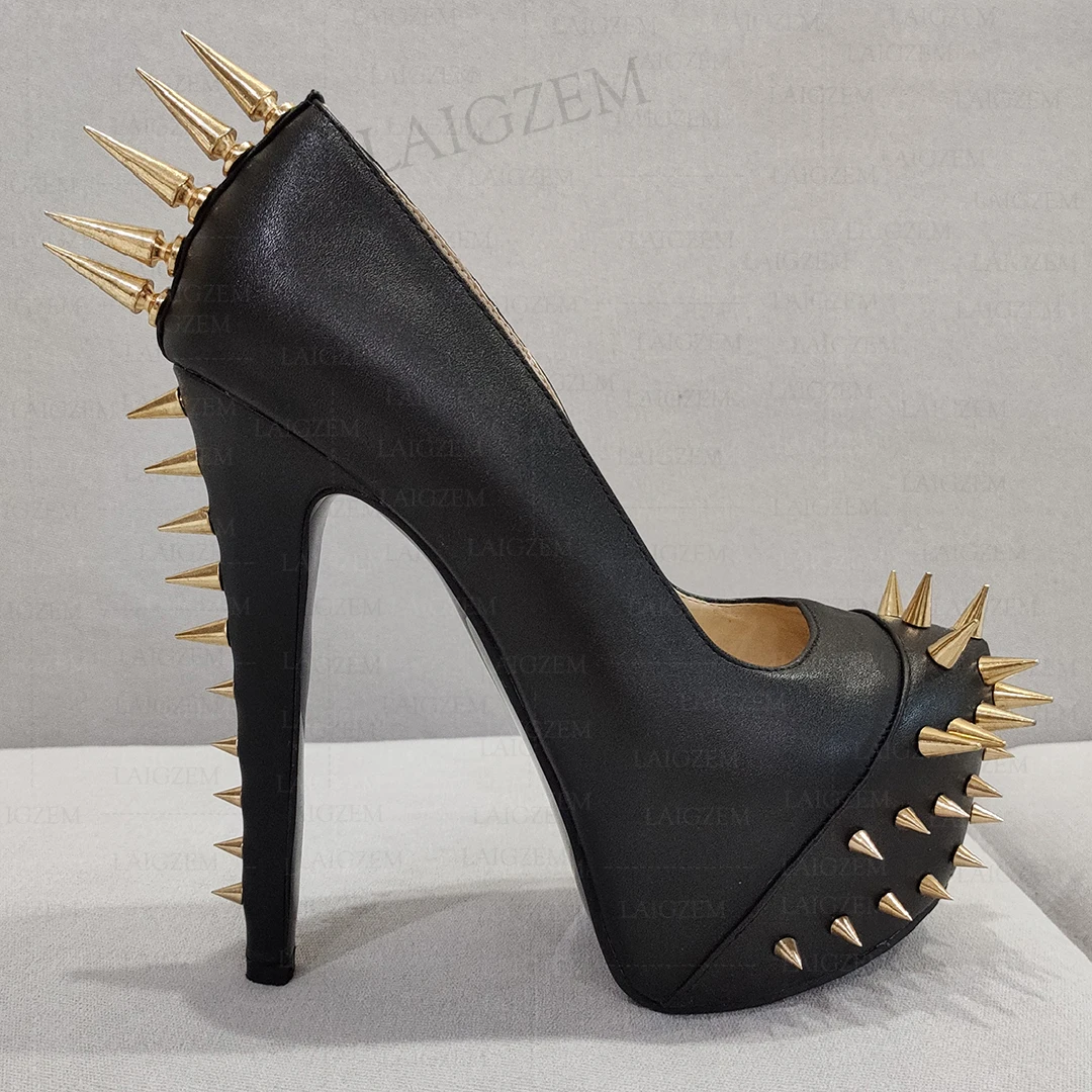 LAIGZEM Women Pumps Rivets Platform Faux Leather Heels Prom Sandals Cosplay Spikes Handmade Shoes Woman Plus Big Size 41 44 46