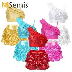 Kids Girls Sequins Hip Hop Dance Sets Ballarina Gymnastics Crop Top Shorty Skirted Ballet Modern Latin Jazz Dancing Performance